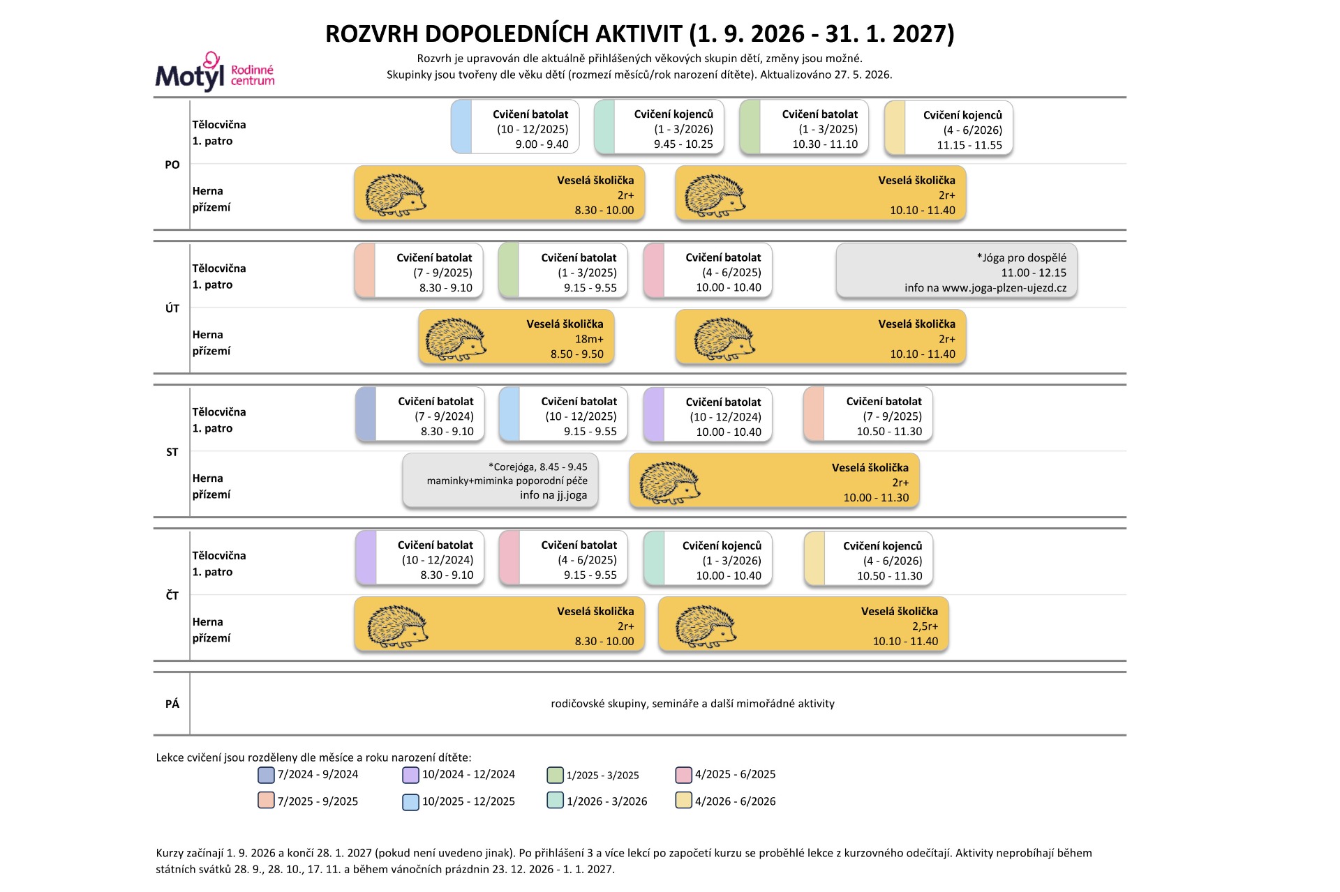 Po kliknutí na ROZVRH DOPOLEDNÍCH AKTIVIT budete přesměrování na web Rodinného centra MOTÝL, pod kterým dopolední kroužky probíhají.
